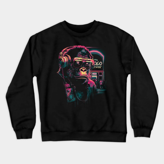 Neon Gorilla with Headphones Crewneck Sweatshirt by LR_Collections